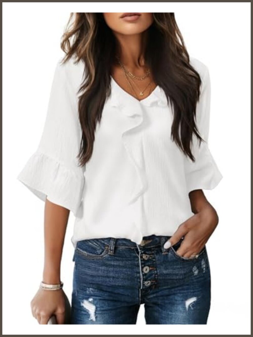 Womens Dressy Casual Ruffle Bell Sleeve V-Neck Blouse Business Work Top